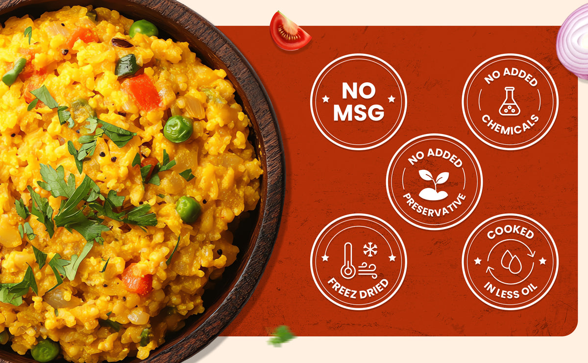 Yellow dish with green garnish on a brown plate, featuring health claims on a red background.