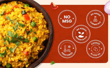 Yellow dish with green garnish on a brown plate, featuring health claims on a red background.