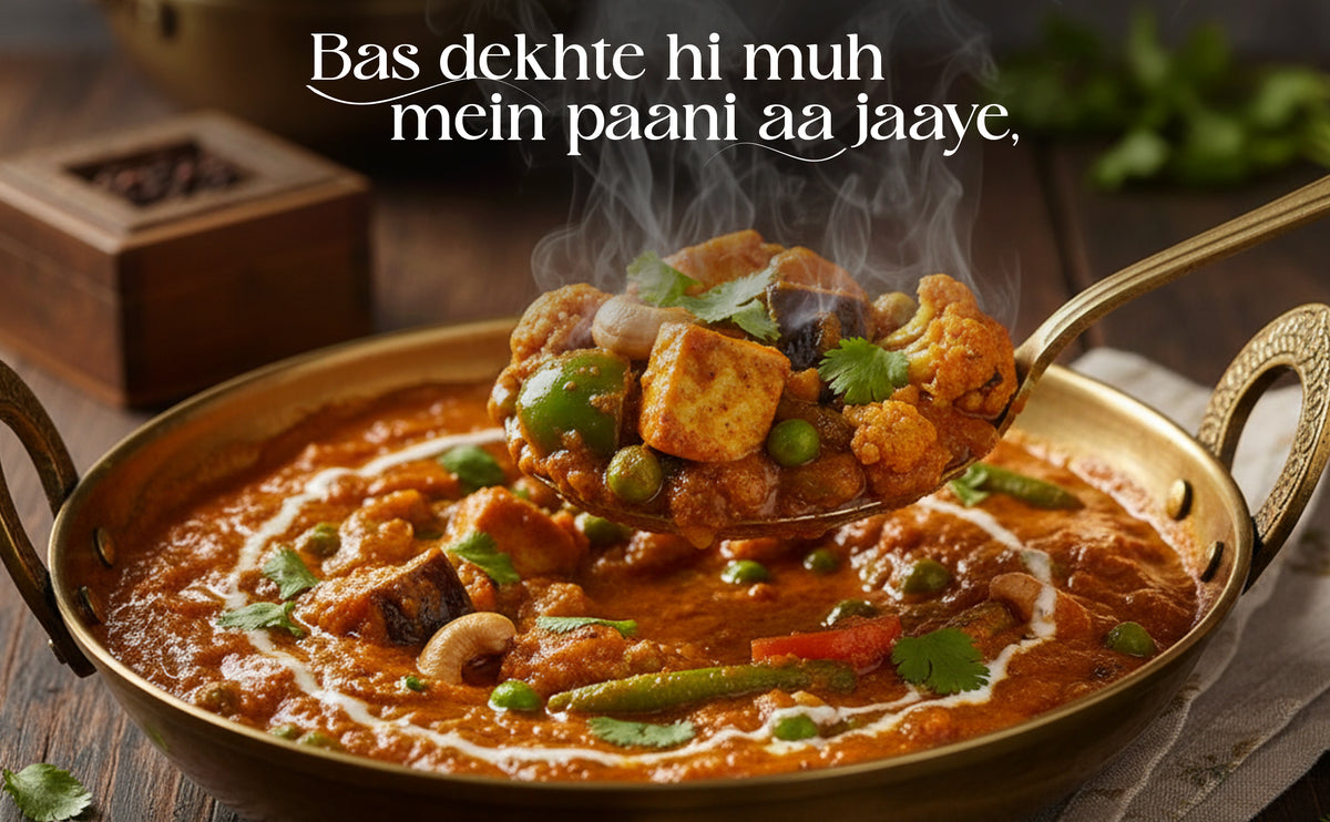Steaming curry dish with text overlay on a wooden background