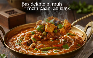Steaming curry dish with text overlay on a wooden background