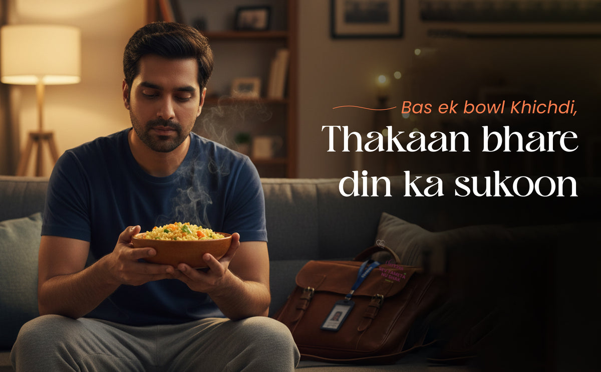 Man holding a bowl of food on a couch with text overlay
