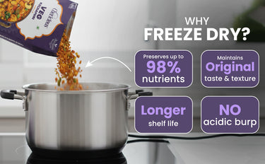 Freeze-dried food being added to a pot with text highlighting benefits on a kitchen counter.