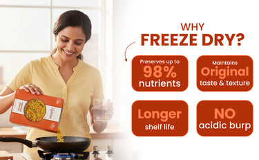 Woman cooking with freeze-dried food packaging, highlighting benefits of freeze-drying.