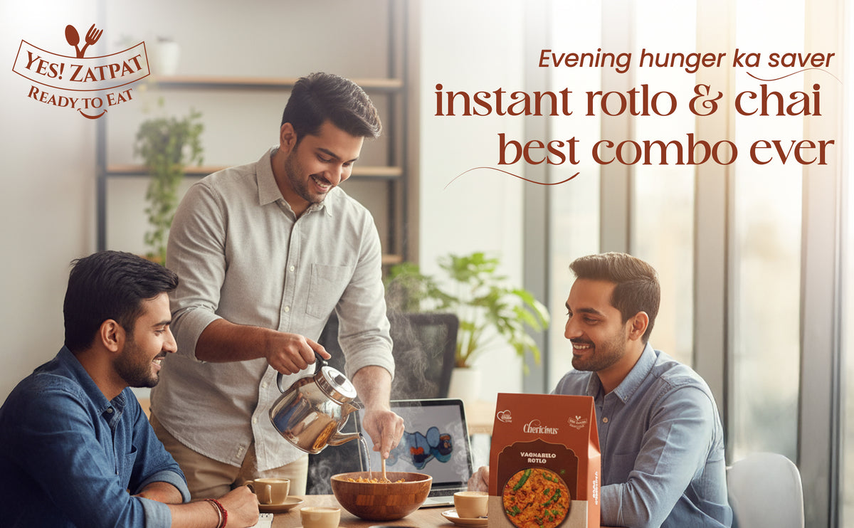 Three men sitting around a table with a man pouring tea, with text promoting instant rotlo and chai.