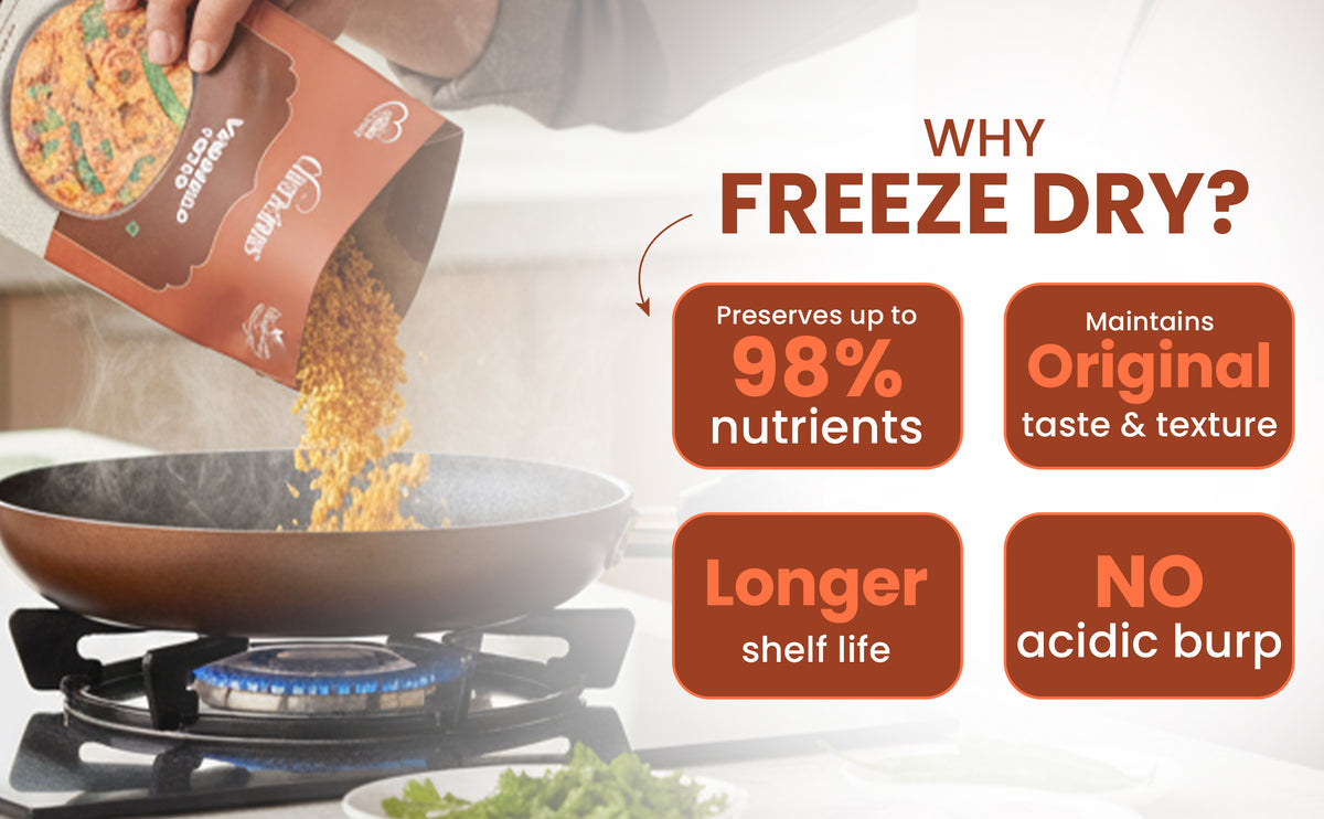 Freeze-dried food being poured into a pan with promotional text about freeze-drying benefits.