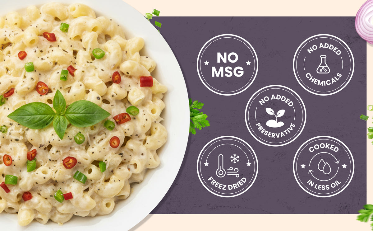 Macaroni and cheese with vegetables on a plate, featuring 'No MSG' and other health claims on a purple background.