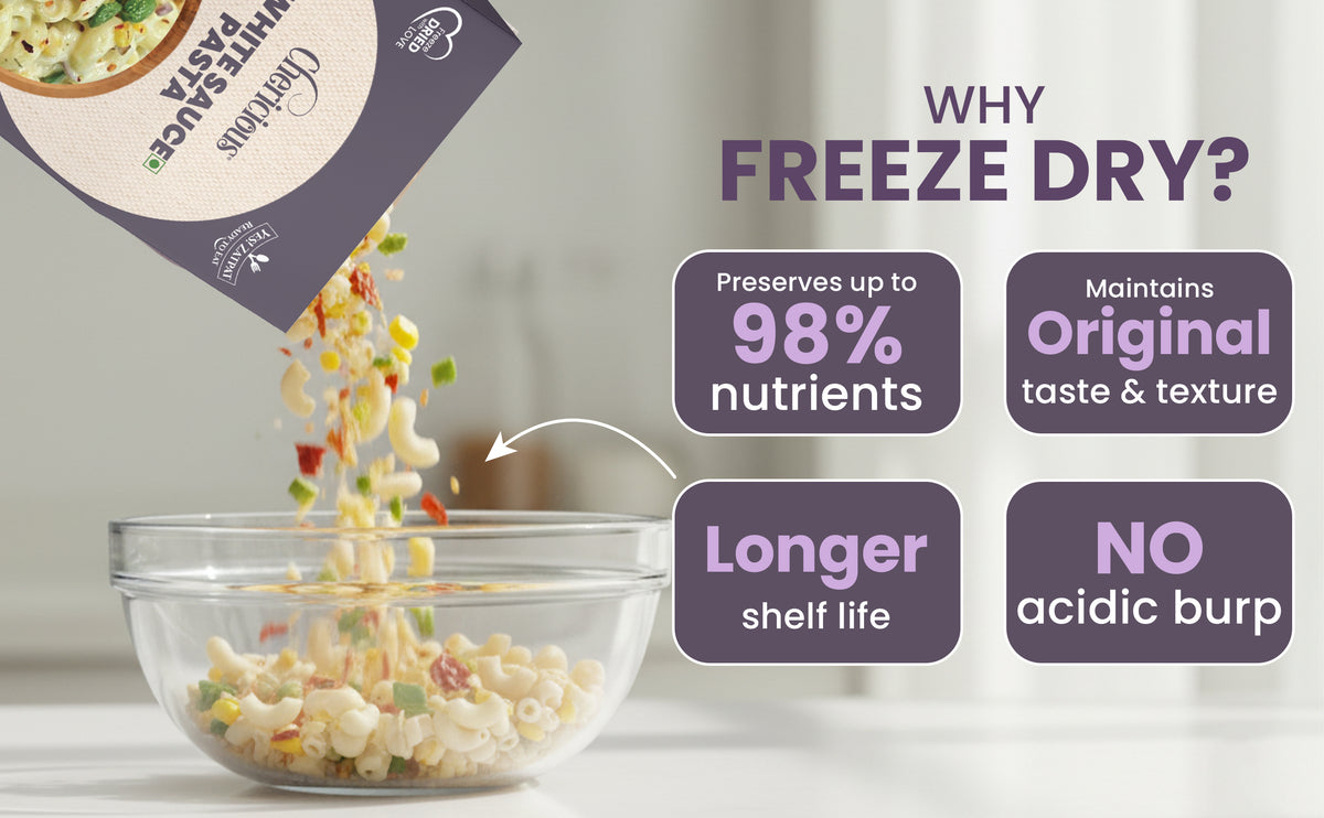 Freeze-dried food being poured into a bowl with text highlighting benefits on a white background