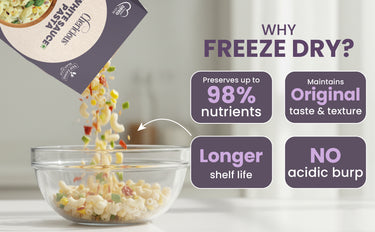 Freeze-dried food being poured into a bowl with text highlighting benefits on a white background