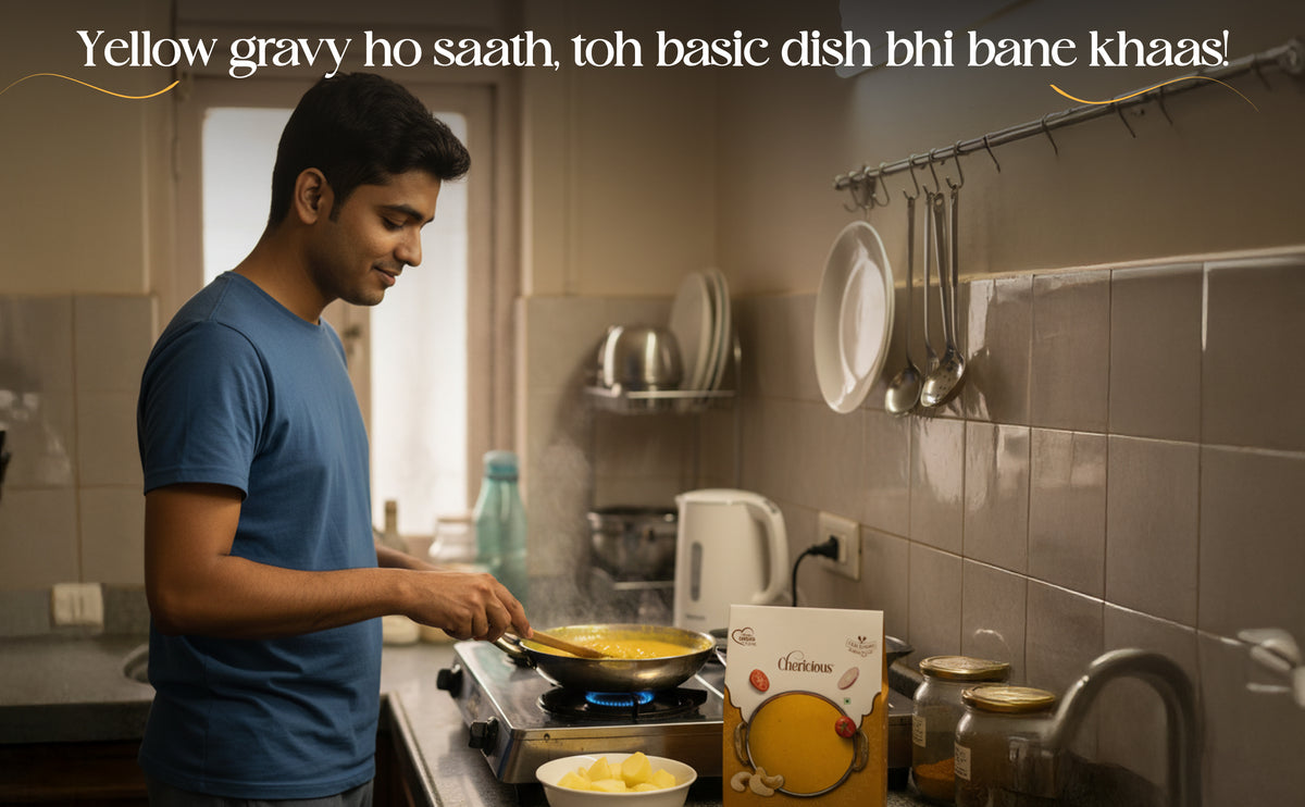 Man cooking in a kitchen with text overlay