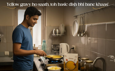 Man cooking in a kitchen with text overlay