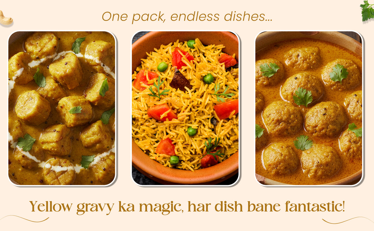 Three dishes with yellow gravies on a beige background