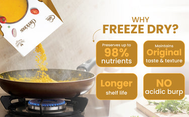 Freeze-dried food packaging being added to a pan with nutritional benefits highlighted.