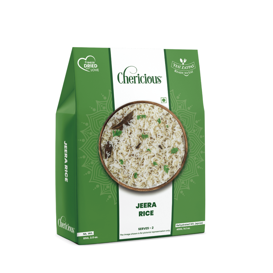 Green packaging of Chericious Jeera Rice on a white background