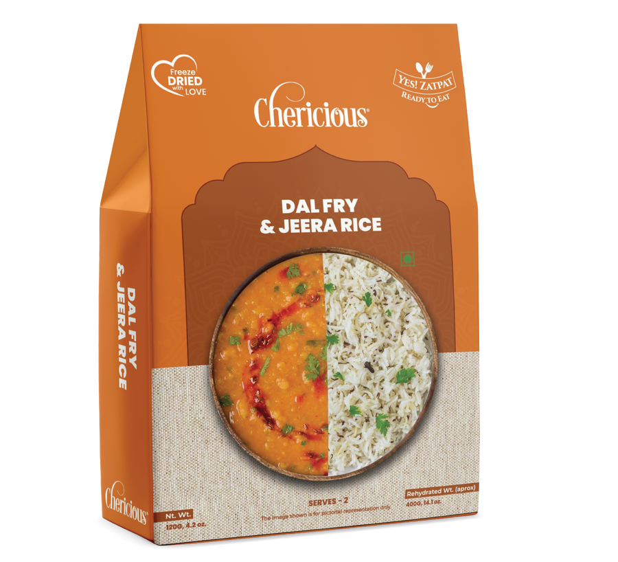 Cherlicious Dal Fry & Jeera Rice packaging on a white background