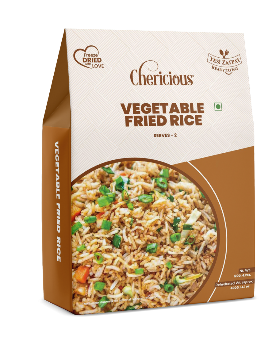 Packaged vegetable fried rice with 'Chericious' branding on a white background