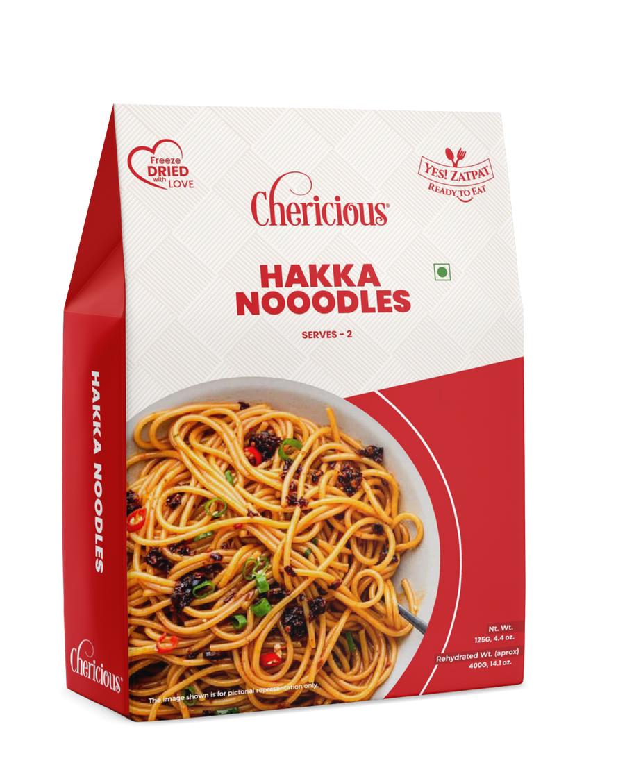 Packaging of Chericious Hakka Noodles on a white background