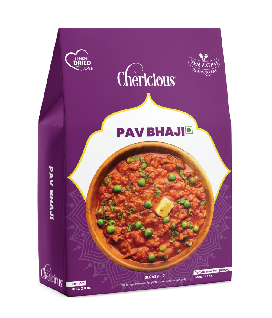 Purple package of Chericious Pav Bhaji with a bowl of curry on a white background