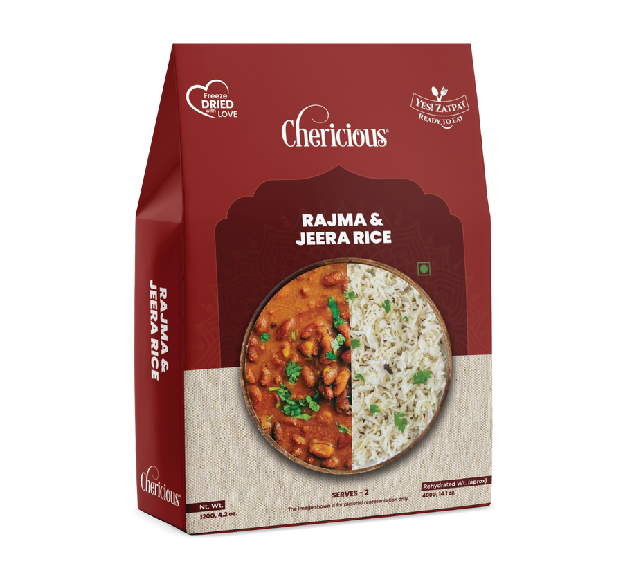 Chericious Rajma & Jeera Rice packaging on a white background
