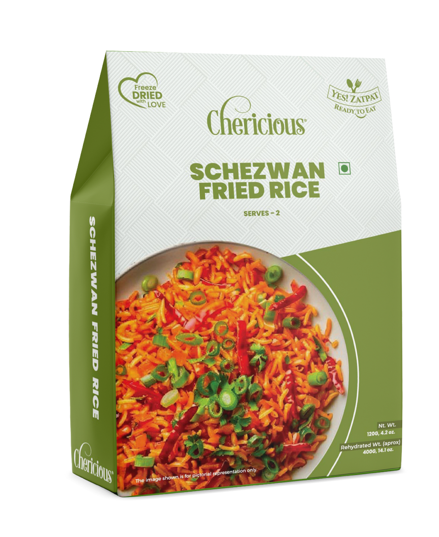 Packaging of Chericious Schezwan Fried Rice on a white background