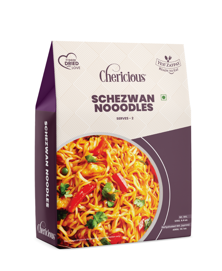 Packaging of Chericious Schezwan Noodles on a white background