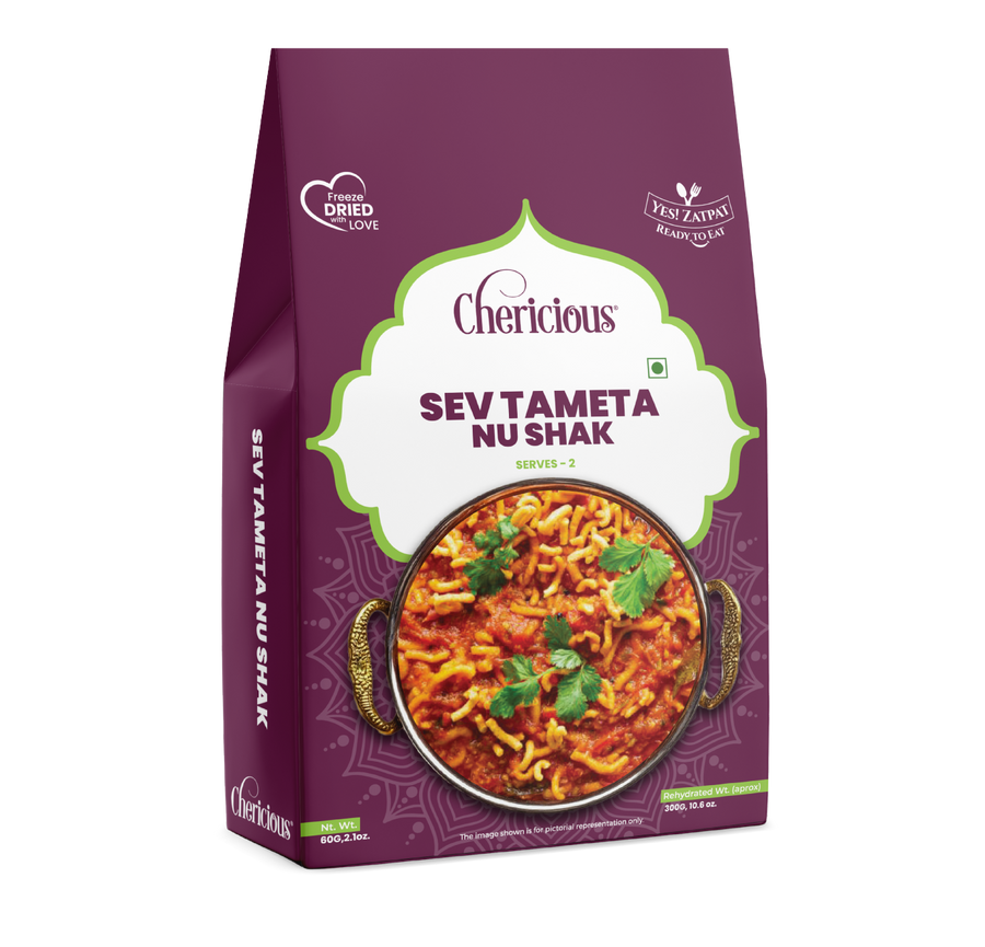 Purple package of Chericious Sev Tameta Nu Shak with a bowl of food on a white background