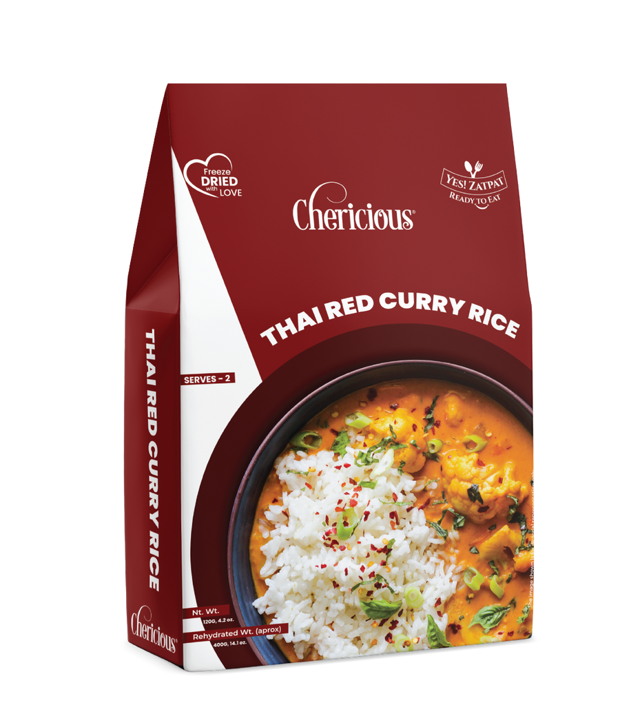 Packaging of Cherlicious Thai Red Curry Rice on a white background