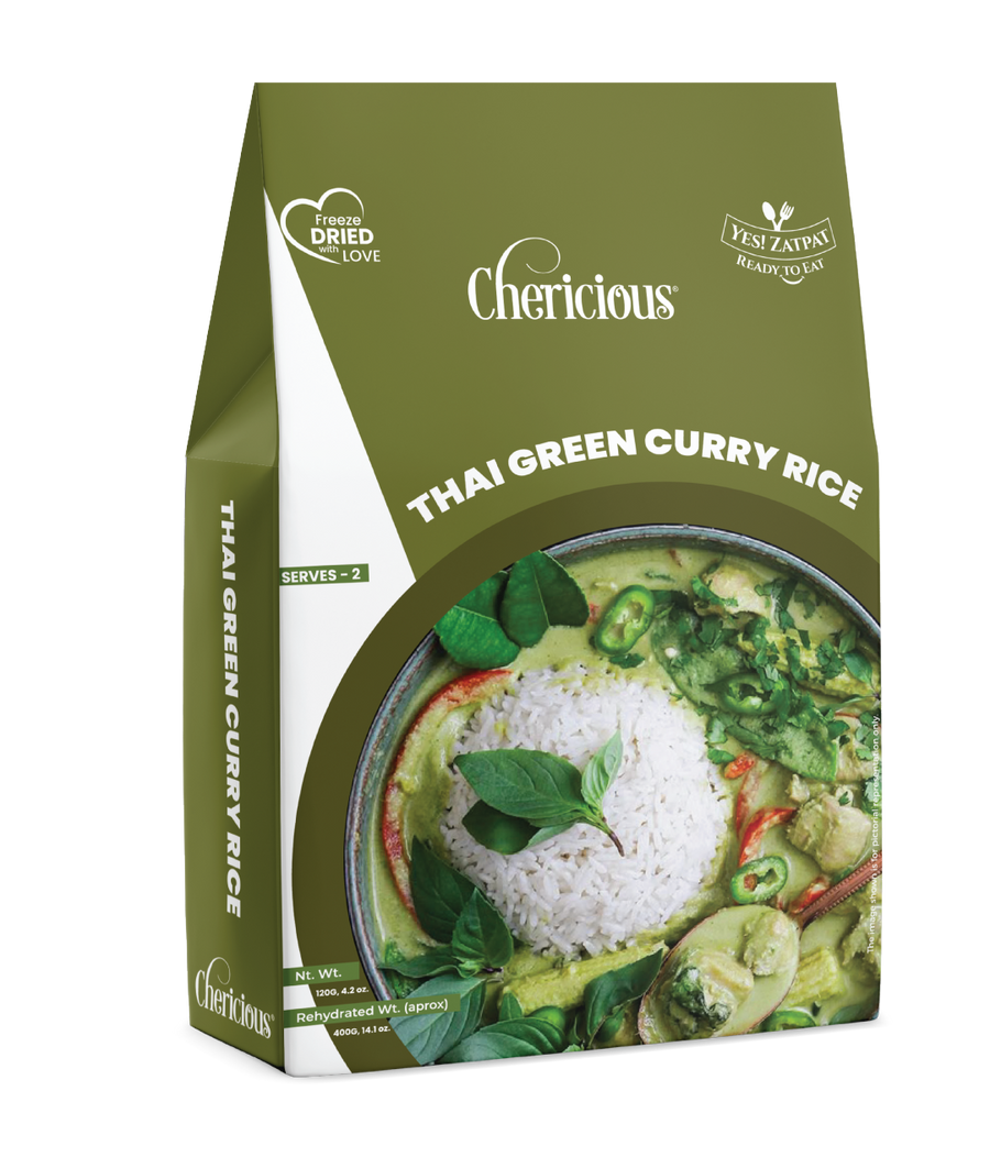 Packaging of Chericious Thai Green Curry Rice on a white background