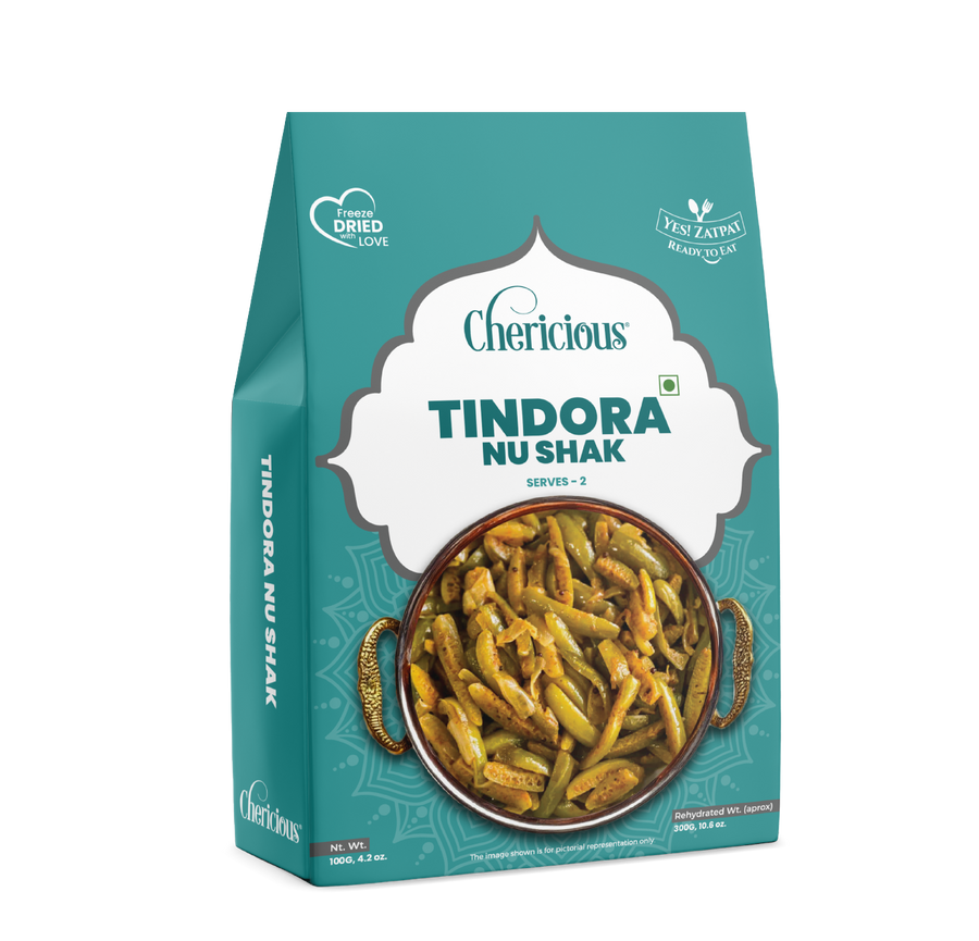 Teal package of Chericious Tindora Nu Shak on a white background