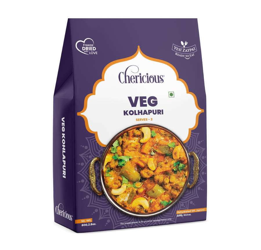 Packaging of Chericious Veg Kolhapuri on a white background