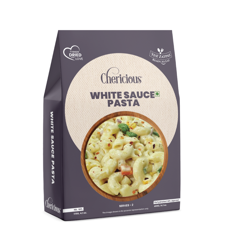 Package of Chericious White Sauce Pasta on a white background